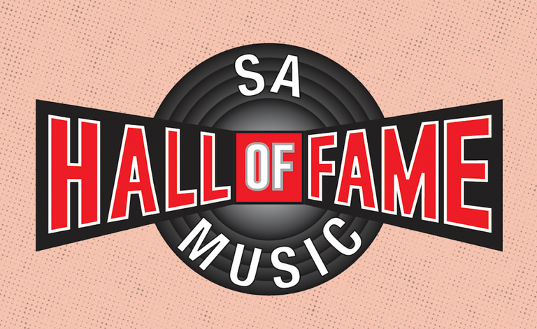 Official logo for the SA Music Hall of Fame featuring red and white text over a black vinyl record on a pink background.
